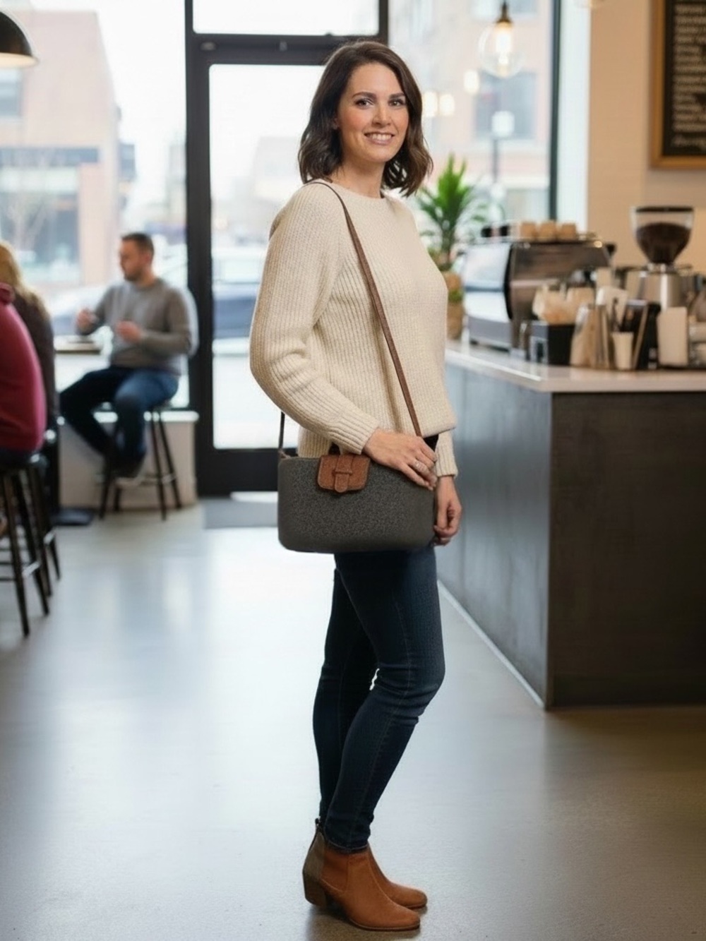 Coco and Carmen Crossbody Shoulder Bag in Gray with Tan Trim
